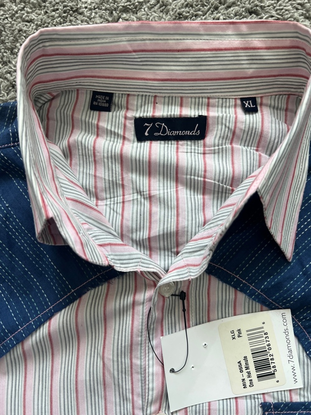NWT 7 Diamonds Men’s Button-Down Long-Sleeve Pink Gray Striped Cotton Shirt - XL - Picture 3 of 8